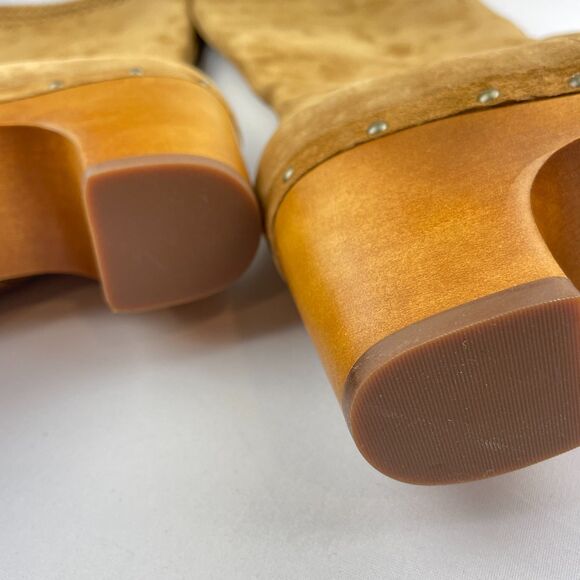 ~ UGG 10 Suede Clog Boots Tan Zip Camel Brown Women Tall Wood Heel Boho HTF Rare - Picture 10 of 14